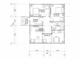 Проект каркасно-щитового дома ЭльБрус ДД 011 - План 1-ого этажа Проект каркасно-щитового дома ЭльБрус ДД 011 - План 1-ого этажа